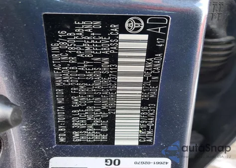 2016 Toyota Corolla L z USA, uszkodzony, nr VIN 2T1BURHE1GC737113